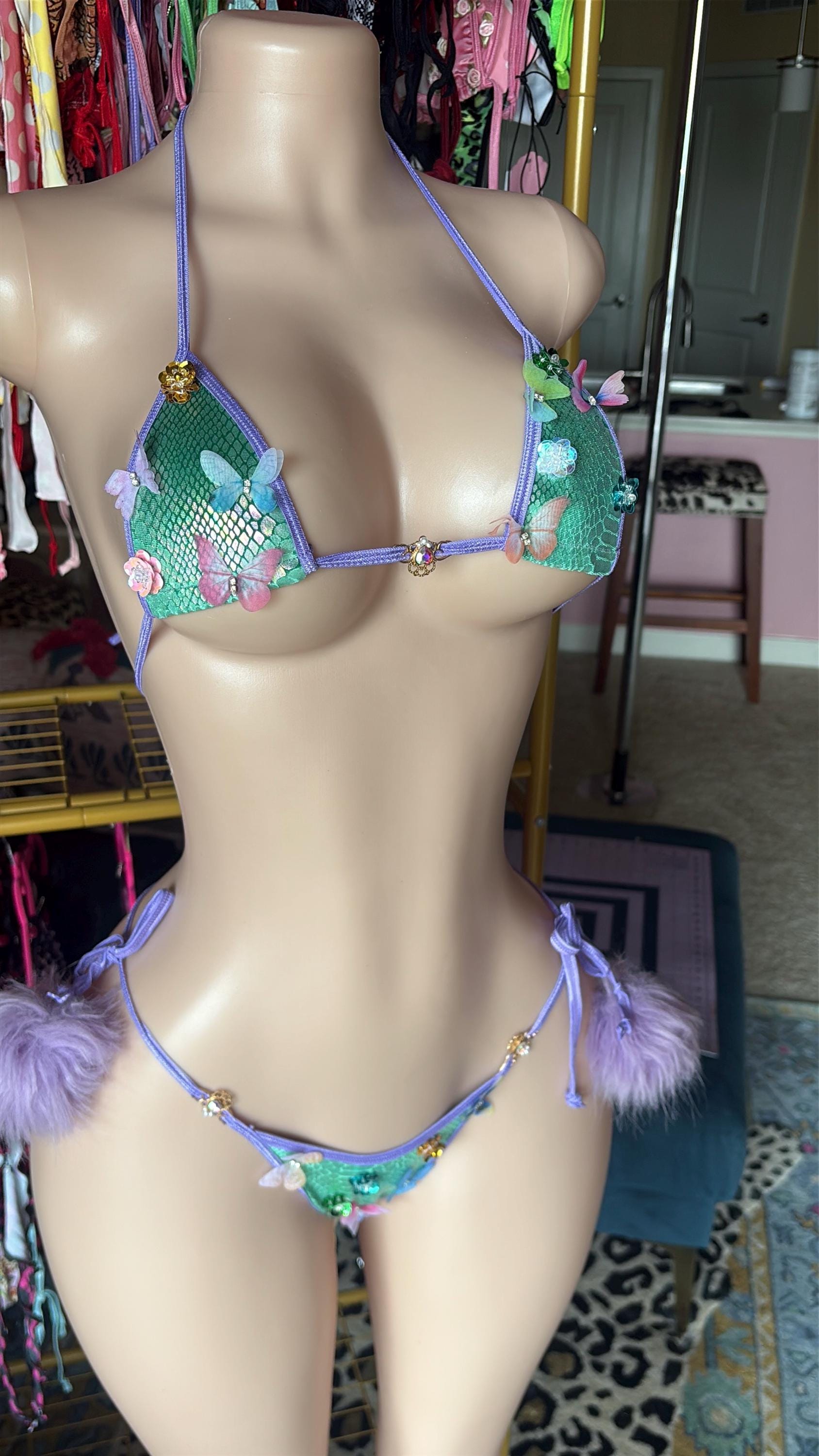 Fairy Mermaid Micro Bikini | Butterfly Appliqué Exotic Dancewear | Iridescent Green Snake Print | Fantasy Festival Outfit | Handmad