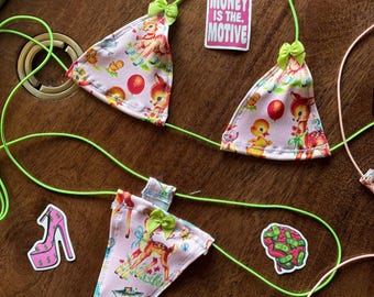 Woodland Animal Friends Coquette Microkini Stripper Exotic Dancer Two Piece Set with Bow Accents One Size