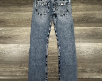 True Religion Ricky Super T Jeans Mens Fit 32x34 Blue Big Thick Stitch Flap USA