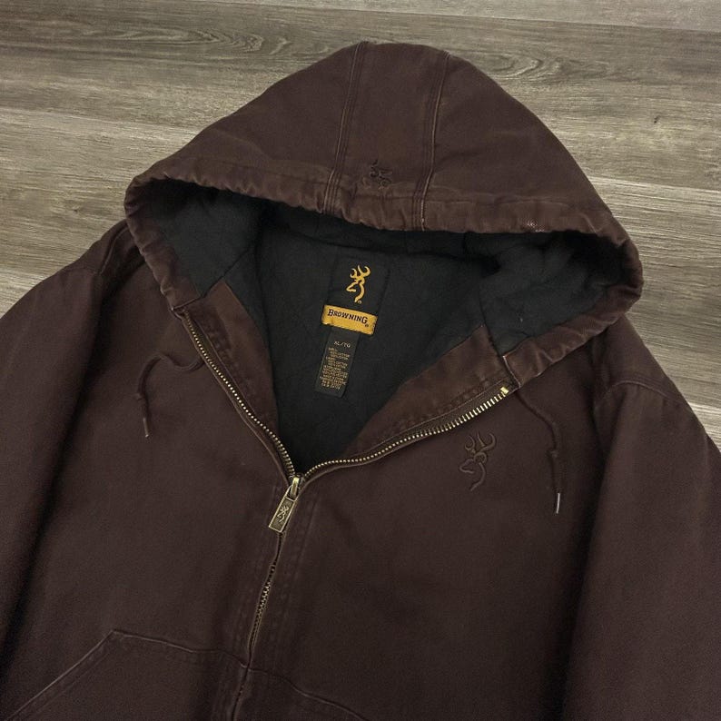 Browning Workwear Jacket Mens XL Brown Hooded Canvas Mocha Quilted 90s image 7