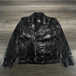 Chaqueta de cuero de búfalo con placa de diamante para hombre, talla grande, negra, estilo motero con patchwork y cinturón, años 90.