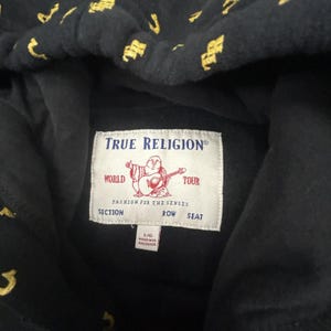 True Religion Hoodie Mens Large Black Fleece All Over Print Horseshoe Logo Y2K image 6