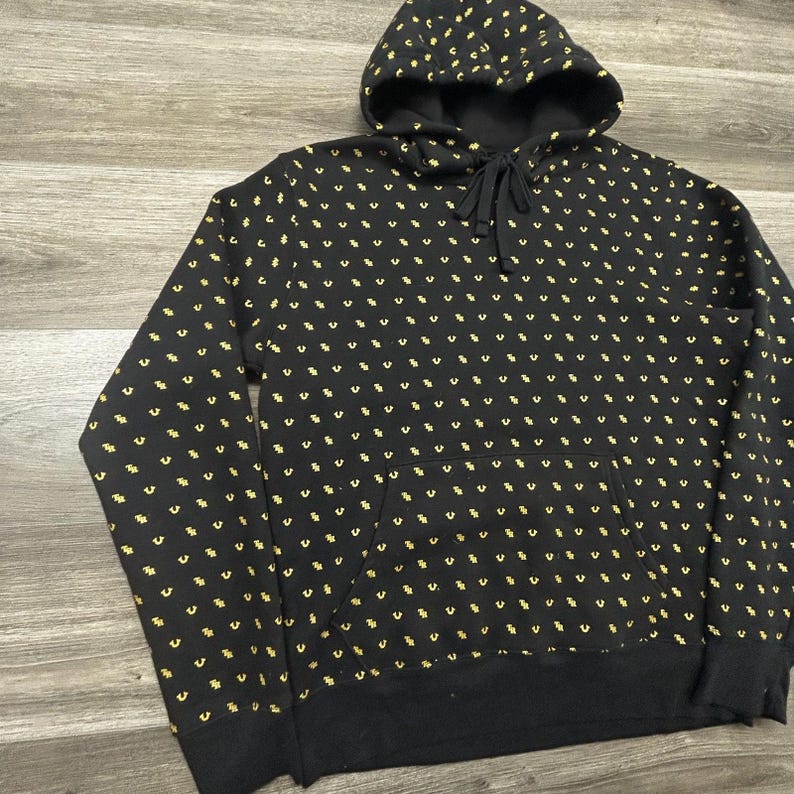 True Religion Hoodie Mens Large Black Fleece All Over Print Horseshoe Logo Y2K image 3