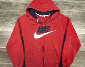 Vintage Nike Hoodie Herren Medium Rot Full-Zip Großes Swoosh Logo Colorblock Y2K