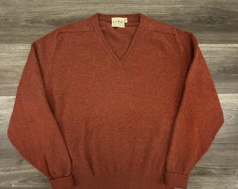 Vintage LL Bean Sweater Heren XL oranje lamswol gebreid met V-hals Made Scotland