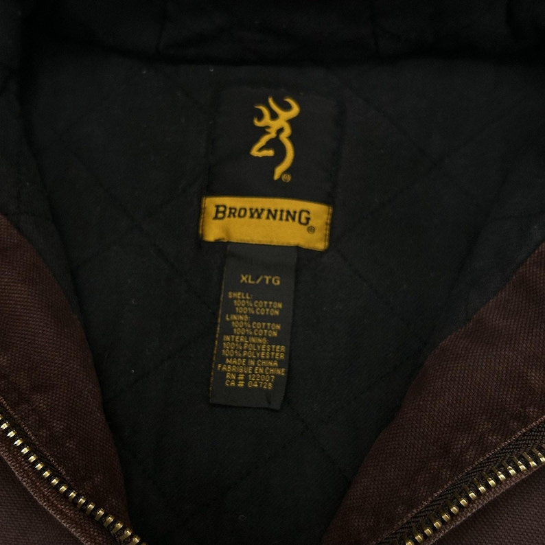 Browning Workwear Jacket Mens XL Brown Hooded Canvas Mocha Quilted 90s image 8
