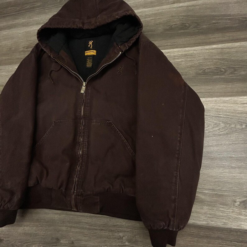 Browning Workwear Jacket Mens XL Brown Hooded Canvas Mocha Quilted 90s image 4