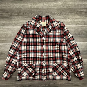 True Vintage 50-tals Pendleton 49er jacka dam stor röd rutig ullknapp USA