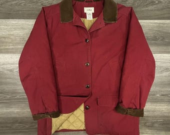 Vintage LL Bean Jacket Womens Large Red Canvas Barn Coat Corduroy Insulated 90s