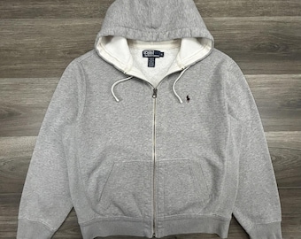 Felpa vintage Polo Ralph Lauren da uomo, taglia L, grigia, con zip intera, in pile termico, con logo Pony