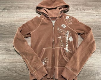 Vintage Abercrombie hoodie met volledige ritssluiting, junior maat XL, bruin met bloemenprint, thermische capuchon, Y2K