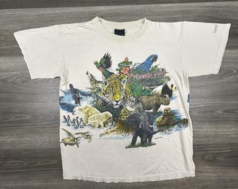Vintage Habitat Endangered Animals Shirt Herren Groß Weiß Zoo Faded 90s Made USA