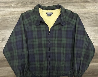 Vintage Nautica-jas heren XL Harrington groen geruit windjack jaren 90 preppy