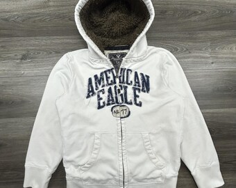 American Eagle Hoodie Mens Large White Sherpa Fur Hood Thermal Lined Full Zip