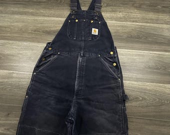 Vintage Carhartt Bib Monos Hombres Gran Lona Marina R01 NVY Doble Rodilla 90s EE.UU.