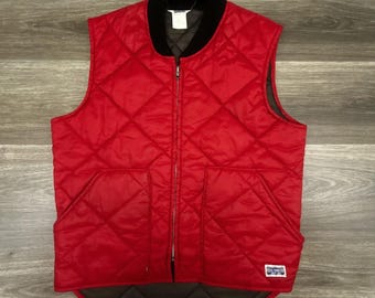 Gilet vintage Big Smith da uomo, taglia L, rosso, imbottito, foderato, da lavoro, con cerniera intera, anni '80.