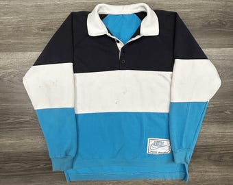 Vintage 80er Jahre Nike Rugby Shirt der Männer Medium Blau Colorblock Fleece Langarm USA