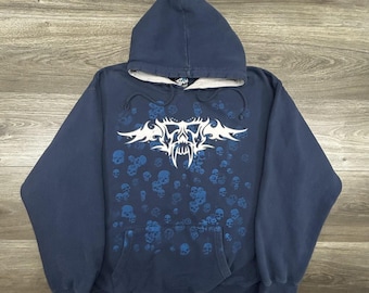 Vintage top zware hoodie heren XL blauwe schedel grafische fleece trui streetwear