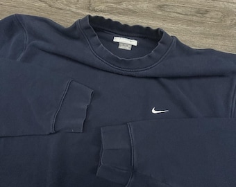 Sudadera Nike vintage para hombre, talla XXL, azul marino, cuello redondo, felpa, pequeño logo Swoosh, Y2K