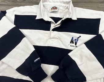 Chemise de rugby barbare vintage pour homme très grande taille rayée blanc bleu marine à manches longues