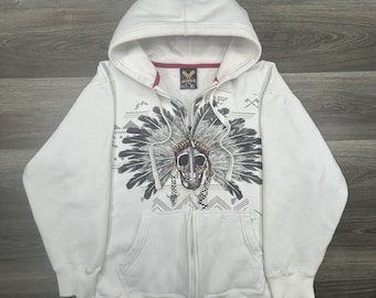 Vintage Avirex hoodie heren XL witte schedel met volledige ritssluiting tribal graphic streetwear Y2K