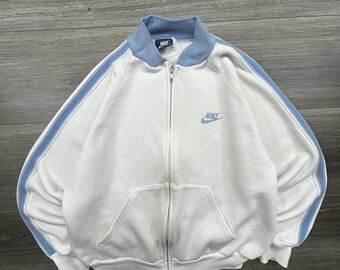 Vintage 80er Jahre Nike Sweatshirt Womens Medium Weiß Blau Full Zip Raglan Bomber USA