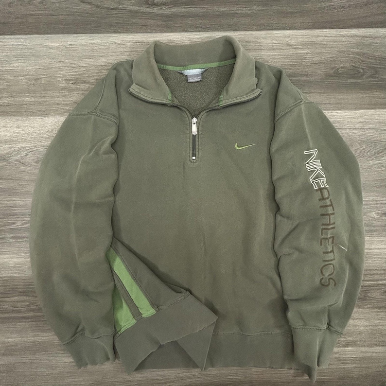 Vintage Nike Sweatshirt Mens 2XL Green 1/4 Zip Pullover Distressed Mock Neck Y2K image 1