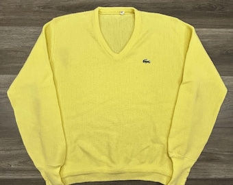 Vintage Lacoste-trui heren XL geel gebreide v-hals krokodillogo preppy jaren 80, VS