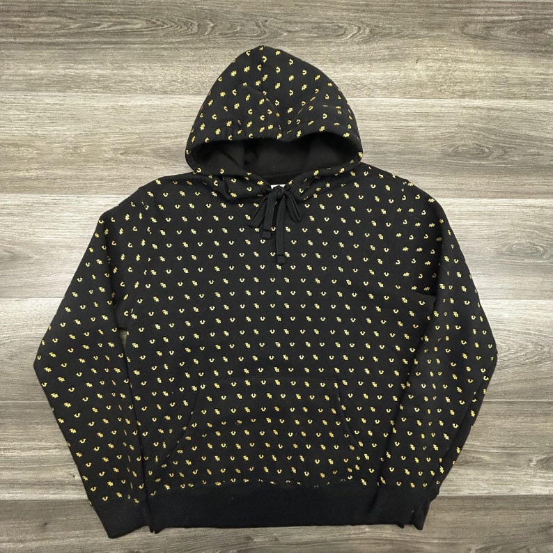 True Religion Hoodie Mens Large Black Fleece All Over Print Horseshoe Logo Y2K image 1