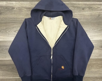 Vintage 80-tals Carhartt-huvtröja, stor, marinblå, hel dragkedja, termofodrad, tillverkad i USA