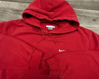 Vintage Nike Hoodie Mens Medium Red Fleece Sweatshirt Pullover Swoosh Logo Y2K