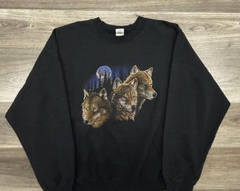Vintage Wolf-sweater heren 3XL Black Nature Moon Forest vervaagd jaren 90