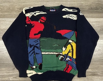 Vintage golftrui heren medium grafische gebreide ronde hals preppy casual jaren 90