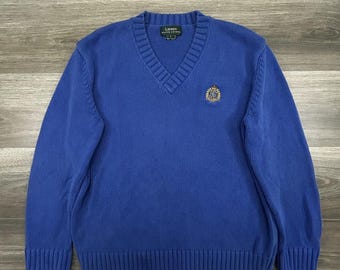 Jersey vintage de Lauren Ralph Lauren para mujer, talla grande, azul, cuello en V, logo de escudo, tejido de punto, años 90.