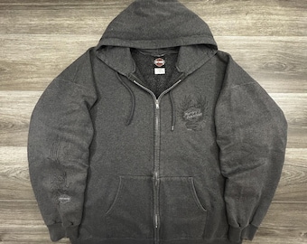 Vintage Harley-Davidson Hoodie Mens XL Gray Full Zip Biker Sleeve Hit Flames Y2K