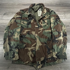Vintage US Army M65 Field Jacket Mens Medium Long Woodland Camo Canvas Insulated