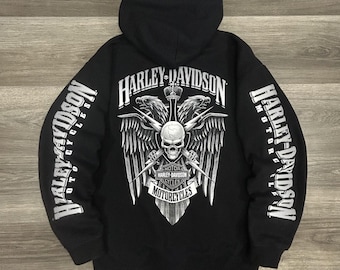 Harley-Davidson Hoodie Mens Medium Black Full Zip Skull Wings Motorcycle Y2K