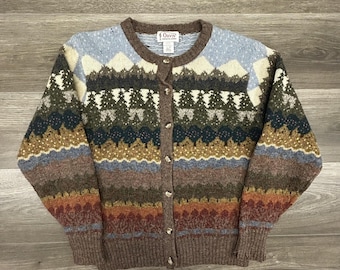 Vintage Orvis Cardigan Sweater Womens Medium Shetland Wool Mountain Forest 90s