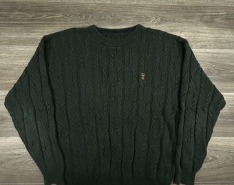 Vintage Chaps Sweater Mens Large Green Cable Knit Crewneck Logo Preppy Pullover