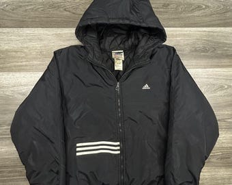 Vintage Adidas Jacke Herren Medium Schwarz Gefütterter Kapuzenmantel mit durchgehendem Reißverschluss