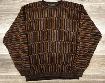 Vintage 3D Stickad Tröja Herr Stor Flerfärgad Protege Coogi Stil Chunky 90-tal