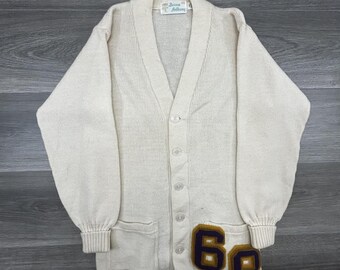 True Vintage 60s Cardigan Sweater Mens Medium White Wool Varsity Letterman USA