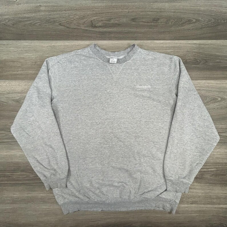 Sudadera vintage Carhartt para hombre, grande, gris, cuello redondo, logotipo bordado imagen 2