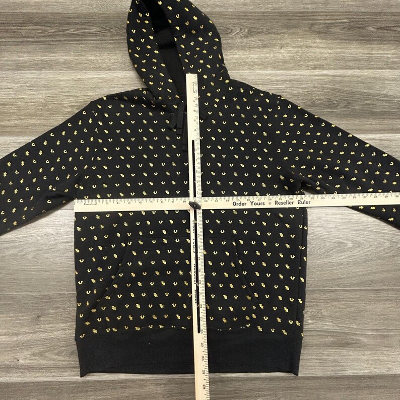 True Religion Hoodie Mens Large Black Fleece All Over Print Horseshoe Logo Y2K image 7