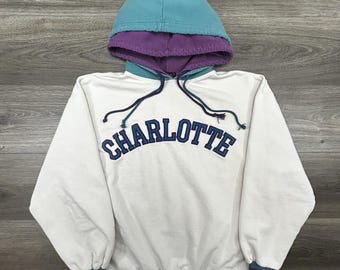 Felpa vintage Charlotte Hornets da uomo, taglia L, doppio cappuccio, bianca, verde acqua, viola, anni '90