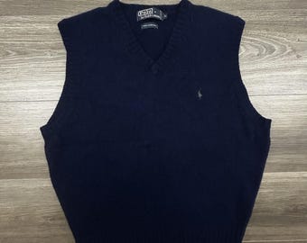 Chaleco de punto vintage Polo Ralph Lauren para hombre, talla grande, azul marino, lana de cordero, cuello en V.