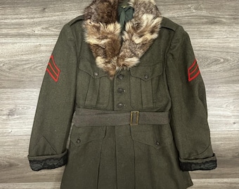 Vintage WW2 US Marines Wool Coat Mens Small Military Uniform Jacket Fur Custom