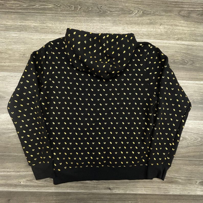 True Religion Hoodie Mens Large Black Fleece All Over Print Horseshoe Logo Y2K image 2