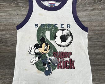 Vintage Mickey Mouse Tanktop, Kindergröße 5/6, Weiß, Ringer, Fußball-Super-Kick, 90er Jahre, USA