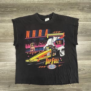 Camiseta vintage NHRA para hombre, talla XL, negra, sin mangas, para carreras de aceleración, año 1990, fabricada en EE. UU. imagen 1